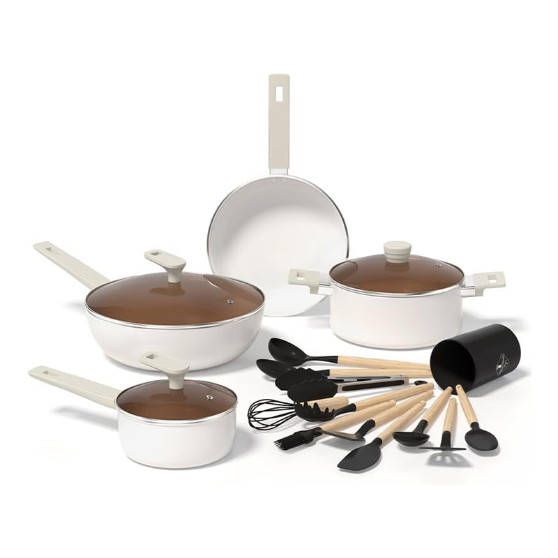 ホワイトハンドルセラミックテフロン加工調理器具セット